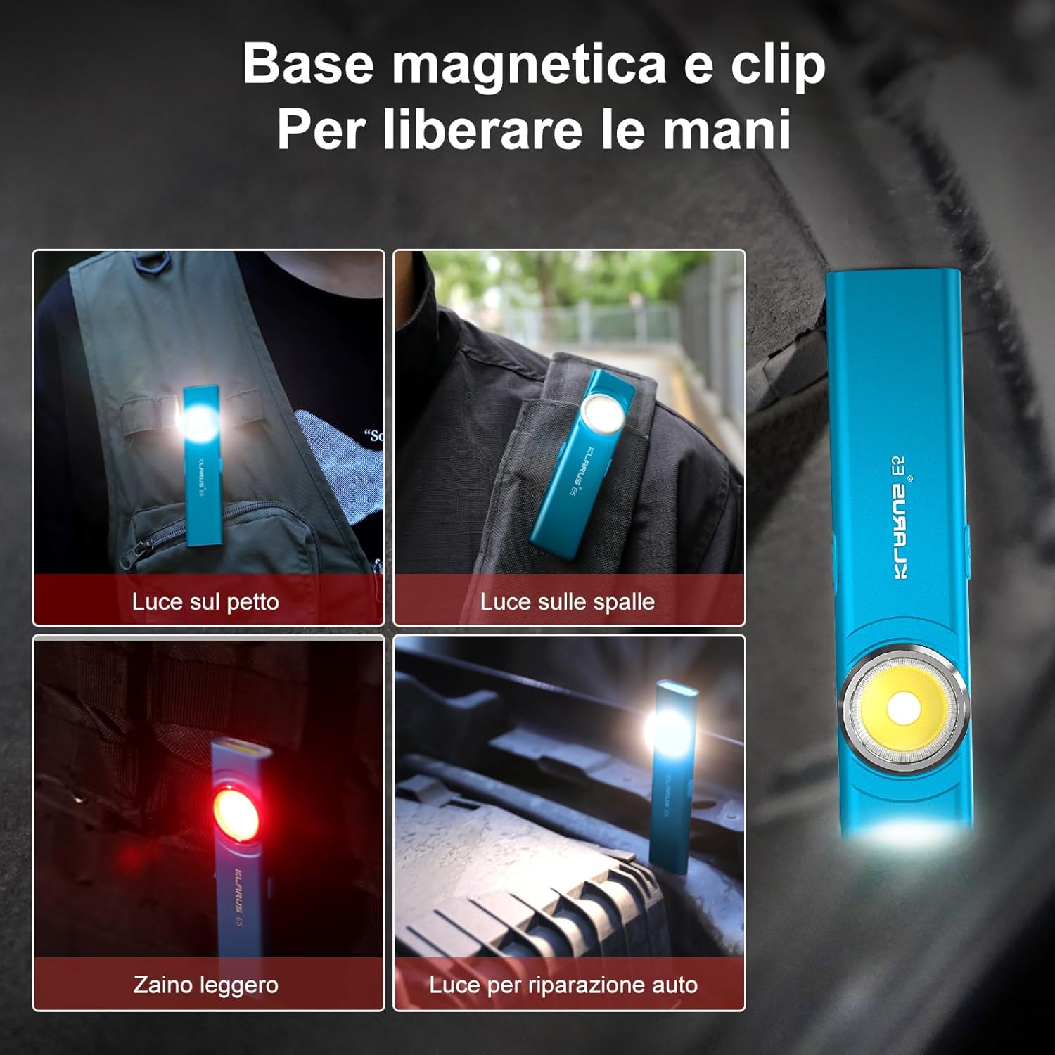 Blue flashlight with magnetic base and clip features, shown in use on a person and car interior.