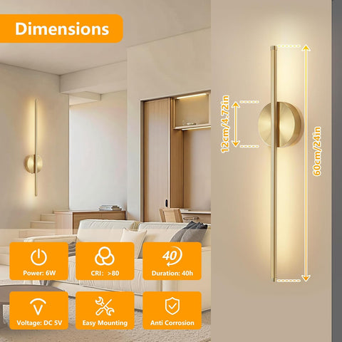 Rechargeable Wireless Gold Wall Sconce Lights 60cm 2 Pack