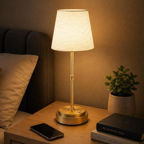 Rechargeable Cordless Table Lamp, 6000mAh Dimmable LED Bedside Lamp, Gold Metal & Linen Shade, 3000K Warm White
