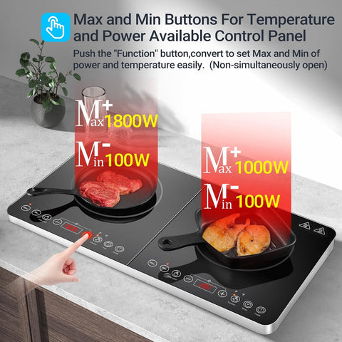 Aobosi Double Induction Hob 2800W Black Glass Panel – 20 Temp Settings, 2 Burners, Safety Lock