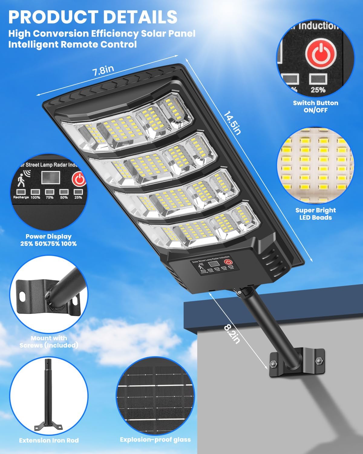 LEKIA Solar Lights Outdoor Waterproof, 6500K Dusk to Dawn Solar Street Light Motion Sensor with Remote Control, 320°Wide Angle LED Security Light for Garden Yard Parking Lot (2 Pack)