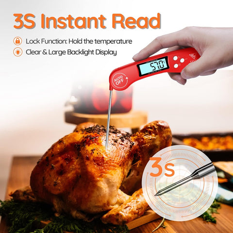 Digital Instant Read Meat Thermometer Red – Ultra-Fast Cooking Probe with Backlit LCD