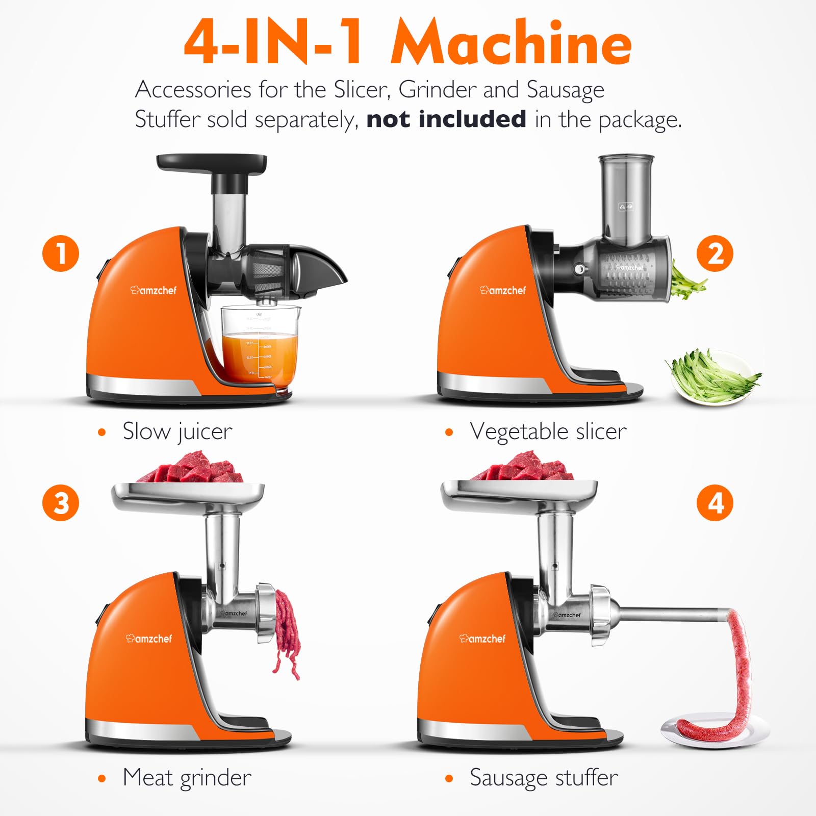 AMZCHEF Juicer Machines - Cold Press Slow Juicer - Masticating Juicer for Whole Fruits and Vegetables - Delicate Chew No Need to Filter - BPA Free Juice Extractor with 2 Cups and Brush - Black