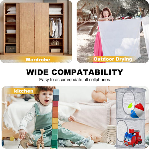 Hanging Mesh Storage Net, 4 Tier Compartments Foldable Hanging Soft Toy Storage Basket Mesh Storage Bag, Space Saving Organizer for Toys Clothes Sundries (Gray)
