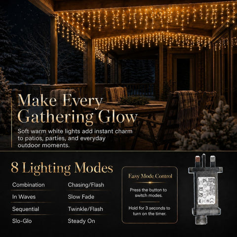 200 LED Warm White Icicle Fairy Lights – Plug In Christmas Lights with 8 Modes & 6-Hour Timer for Windows, Roofs, Fences & Gardens - Bring a Cosy Christmas Glow to Every Evening