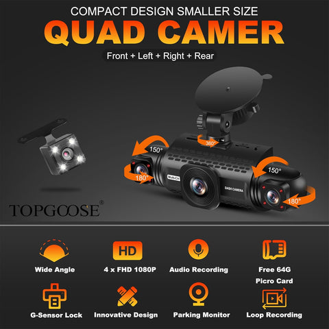 TOPGOOSE 360° 4-Channel Dash Cam FHD 1080P with Night Vision & 64GB Card