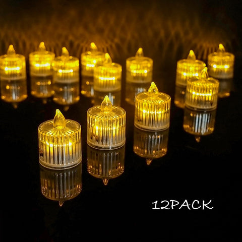 12PCS LED Tea Light Candles, Flameless Roman Column Crystal Tealights, Battery Included, Warm White Flickering Light for Wedding & Party Decoration