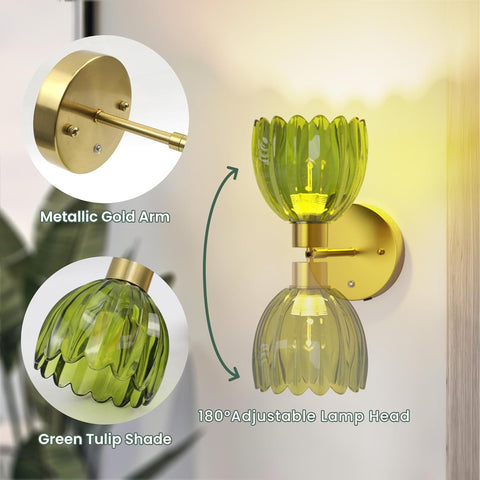 Vintage Rechargeable Wall Lights with Green Tulip Glass Shade, Dimmable, Wireless