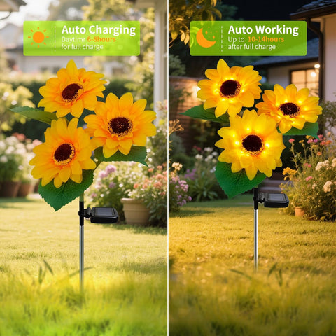 Outdoor Solar Garden Stake Lights,Upgraded LED Solar Powered Light with 3 Sunflower, Waterproof Solar Decorative Lights for Garden, Patio, Backyard (2 Pack)