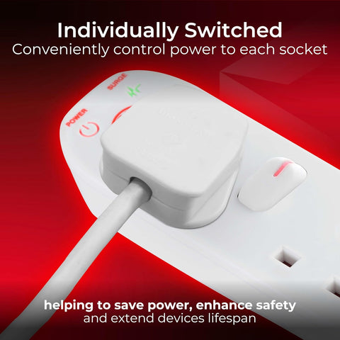 Masterplug 4-Way Surge Protected Extension Lead 2m – White 13A Power Strip with Individual Switches and LED Indicators – Keep Your Everyday Tech Powered, Protected and Tidy