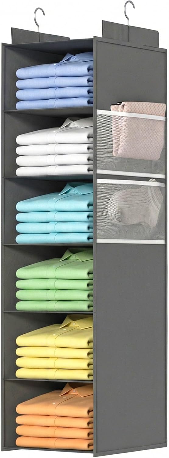 Extra Deep 6-Shelf Hanging Wardrobe Organiser, Grey – Heavy-Duty Foldable Clothes Storage with 4 Large Mesh Pockets