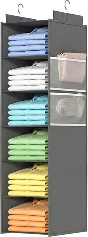 Extra Deep 6-Shelf Hanging Wardrobe Organiser, Grey – Heavy-Duty Foldable Clothes Storage with 4 Large Mesh Pockets