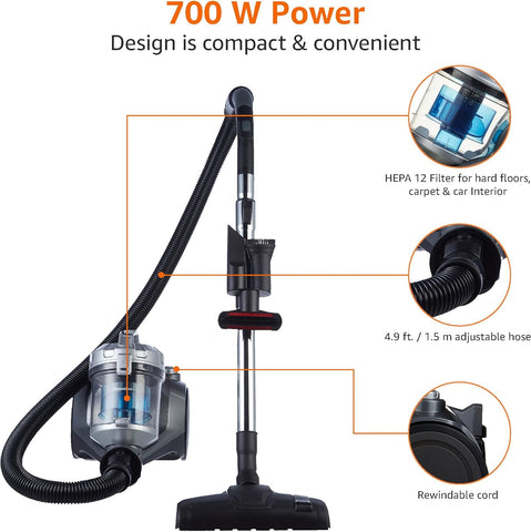 Amazon Basics 700W Bagless Cylinder Vacuum Cleaner with HEPA Filter – Compact & Lightweight Design for Hard Floors, Carpets & Cars (UK) – Black