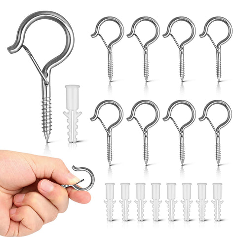 Esteopt 8 Pack Black Q-Hanger Screw-In Hooks with Safety Buckles – Steel Ceiling and Wall Hooks for Outdoor String Lights, Plants, Bird Feeders & Christmas Decorations