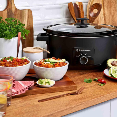 Russell Hobbs Slow Cooker 7L – 320W Large Capacity, 3 Heat Settings, Stainless Steel, Dishwasher Safe, Matte Black, Cool Touch Handles