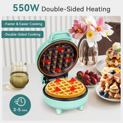 Snailar Mini Waffle Maker – 550W Compact Waffle Iron, Nonstick Coating, Ready Indicator Light, Cool Touch Handle, Easy Clean, Green
