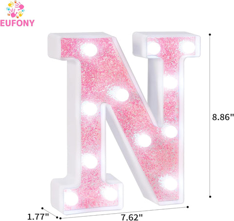 N Style Pink Glitter LED Marquee Letter Light, Battery Powered Decorative Letter Lamp for Birthday, Party, Wedding and Home Decor