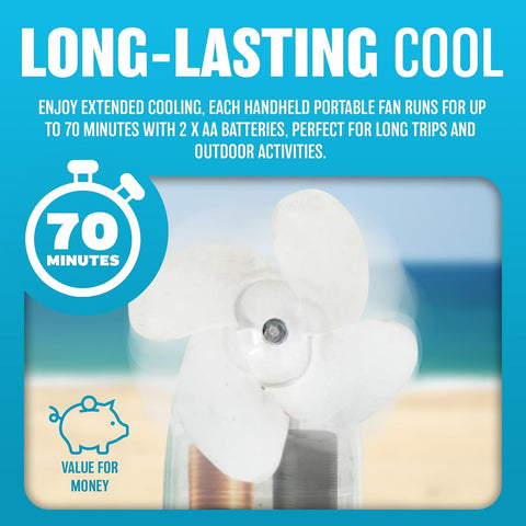 BARGAINS-GALORE Pack Of 10 Mini Breeze Fan - Portable Hand Held Hydration, Pocket Fan, Suitable For Summer | Personal Fan | Battery Operated Travelling, Outdoors | Long Life