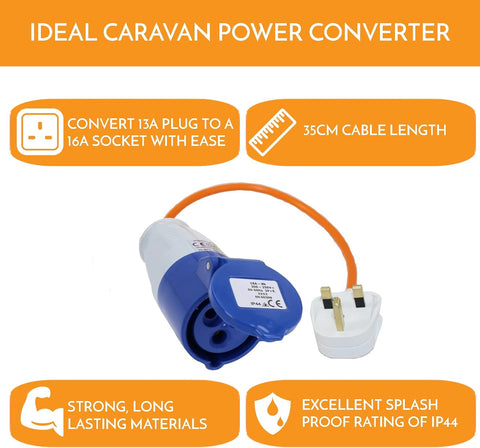 16amp to 13amp Adapter Caravan Hook Up Cable 240V 3 Pin UK Electric Hook Up For Camping, Caravan, Campervan Mains To UK Plugs Orange