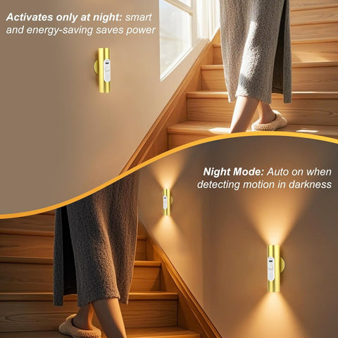 Wall-mounted light fixture on a staircase with text about night mode and energy savings.