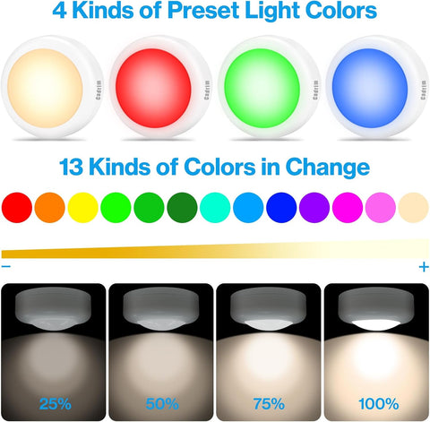 6-Pack RGB Wireless Under Cabinet LED Puck Lights with Remote Control, 13 Colours, Dimmable Brightness & Timer for Kitchen Cupboards, Wardrobes & Closets - Brighten the Dark Spots You Keep Missing