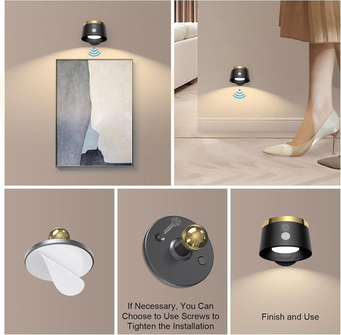 Collage of a modern wall light fixture with installation instructions on a neutral background.