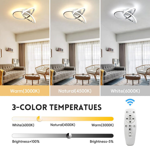 Ceiling light fixture with three color temperature options displayed in a living room setting.
