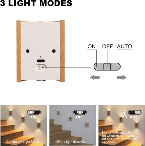 Wooden LED Wall Lamp, Motion Sensor Night Light, Rechargeable Sconce, Beech, 5.6 x 2.8 x 7.3 inches, Bedroom
