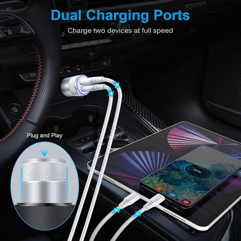 Car Charger Adapter 3.4A Dual Port Fast USB for iPhone, Samsung, iPad, and Google Pixel Devices