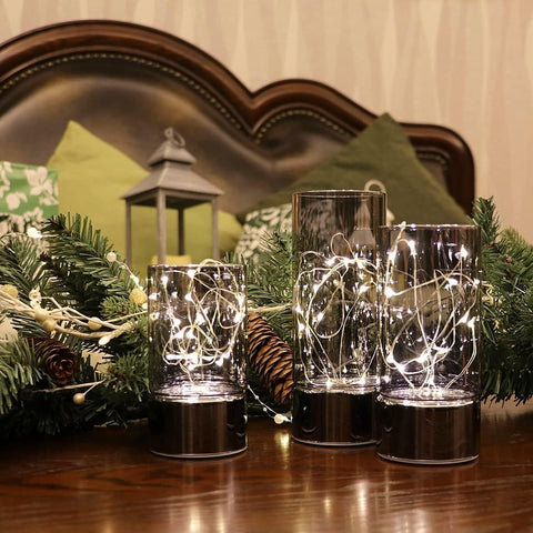 Set of 3 Glass Cylinder LED Lanterns with Fairy Lights, Battery Operated Table Lamps with 6-Hour Timer, Grey Decorative Candles