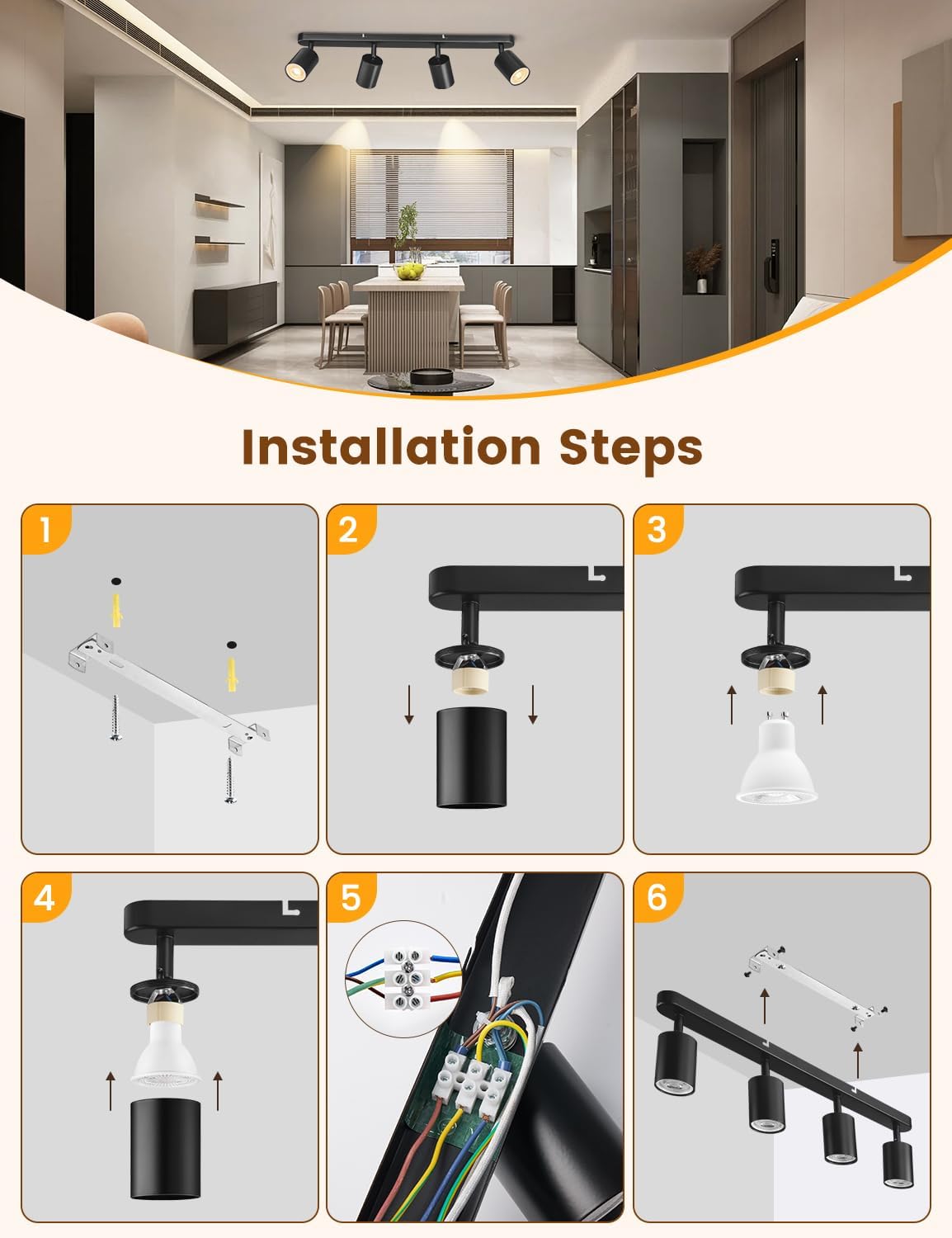 Step-by-step installation guide for a ceiling light fixture in a modern kitchen.