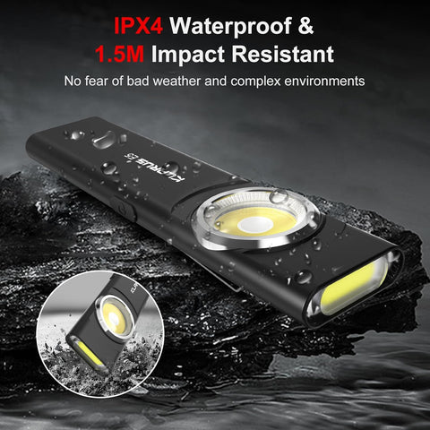 Waterproof LED light on a dark background with water droplets, emphasizing its durability.