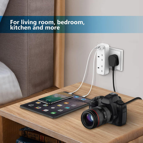 JSVER Double Plug Adaptor with 2 USB Ports – 13A White 2-Way UK 3-Pin Socket Adapter with 2.4A USB Charging for Home & Office – Make One Wall Socket Work Harder for Your Everyday Essentials