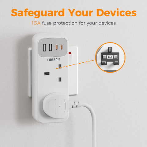 TESSAN Double Plug Adapter UK with 2 USB-C & 2 USB-A Ports – 6-in-1 Multi Plug Socket for Home, Office & Travel - Give Every Device Its Own Little Corner