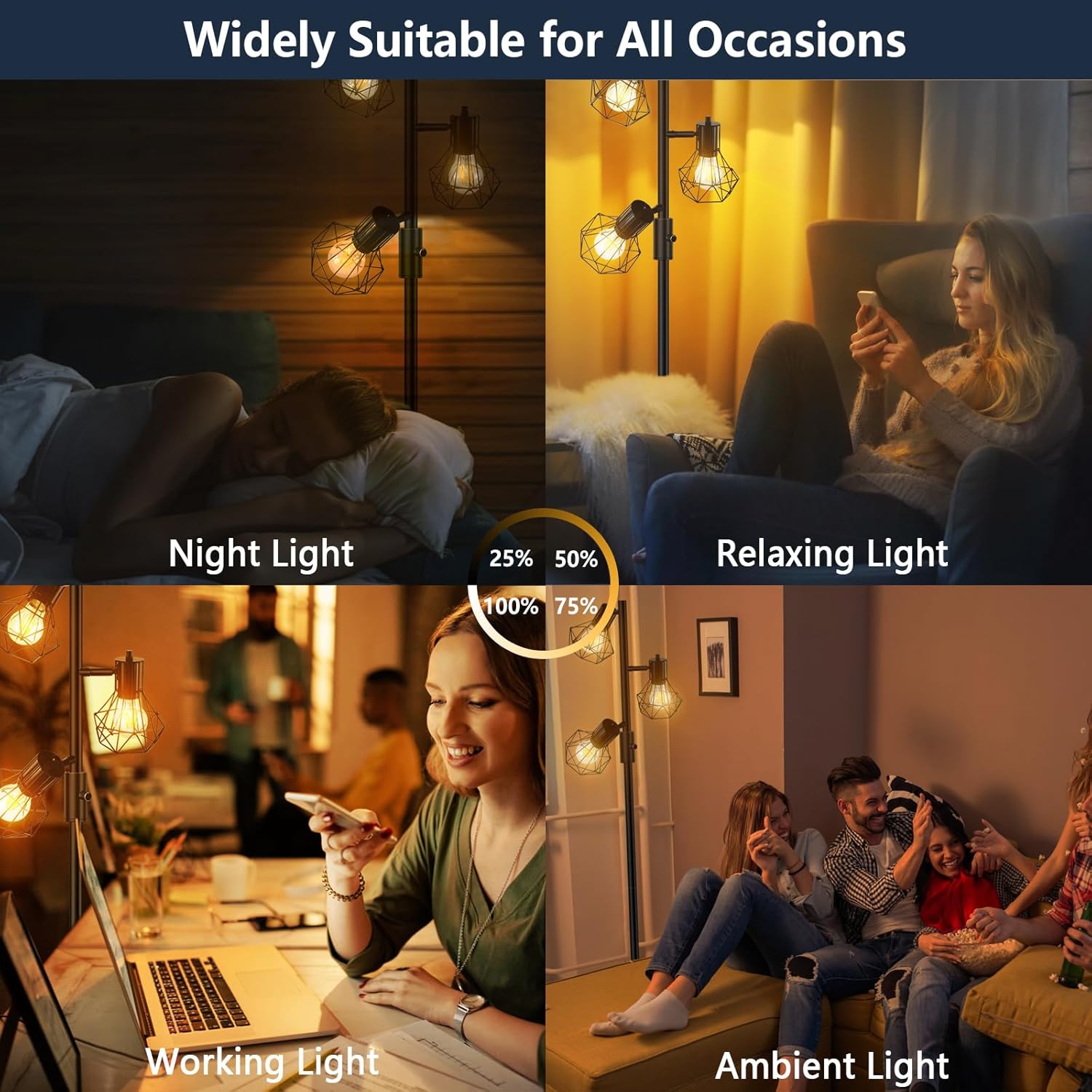 Lighting system with various settings including night light, relaxing light, working light, and ambient light.