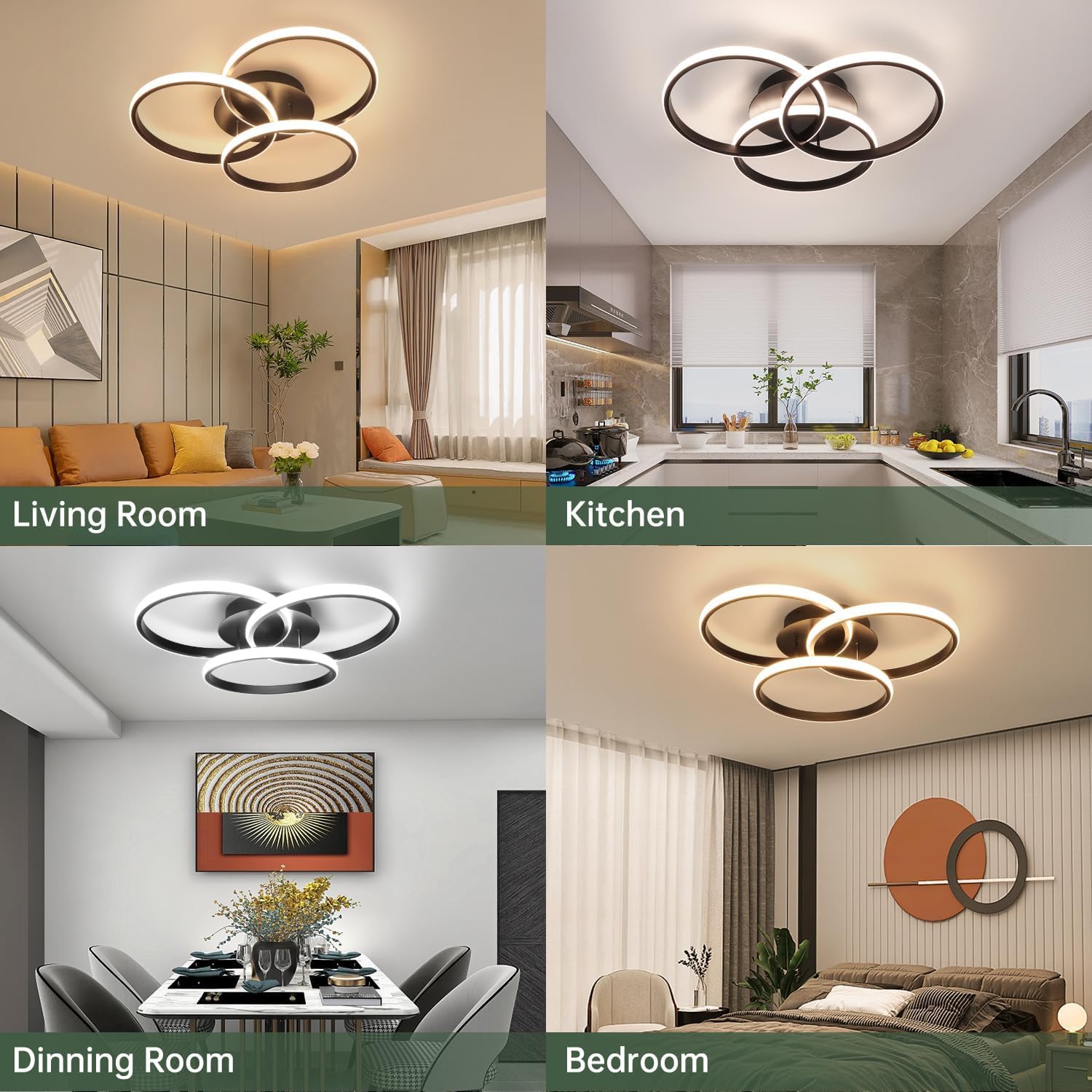 Ceiling light fixture in various rooms including living room, kitchen, dining room, and bedroom.