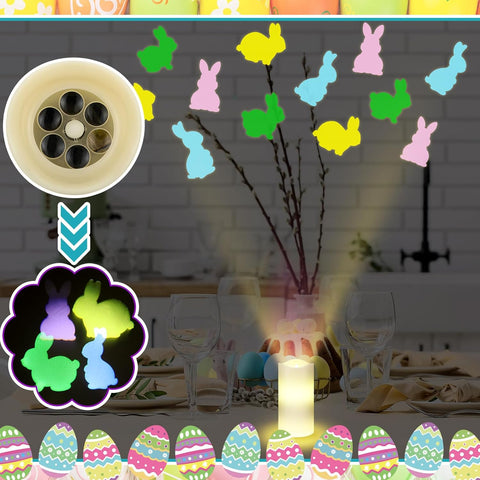 Easter Bunny LED Flameless Candle with Rotating Projector, Battery Operated Night Light with Remote & Timer for Spring Home Décor