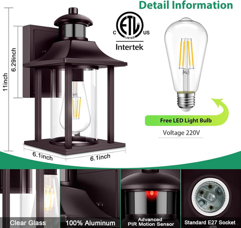 Brown Outdoor Wall Light with Motion Sensor – Waterproof Aluminum Security Wall Lantern with Bulb, Anti-Rust Outside Sconce for Garden, Porch, and Doorway