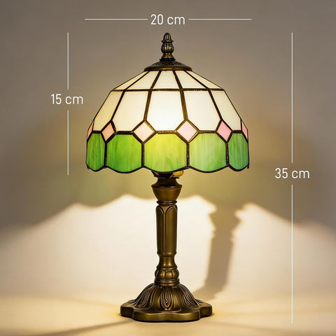 HOMCOM Handmade Stained Glass Table Lamp – Tiffany-Style Green Bedside Lamp with Bronze-Tone Zinc Alloy Base, E27 Socket & 40W Max for Bedroom, Living Room & Home