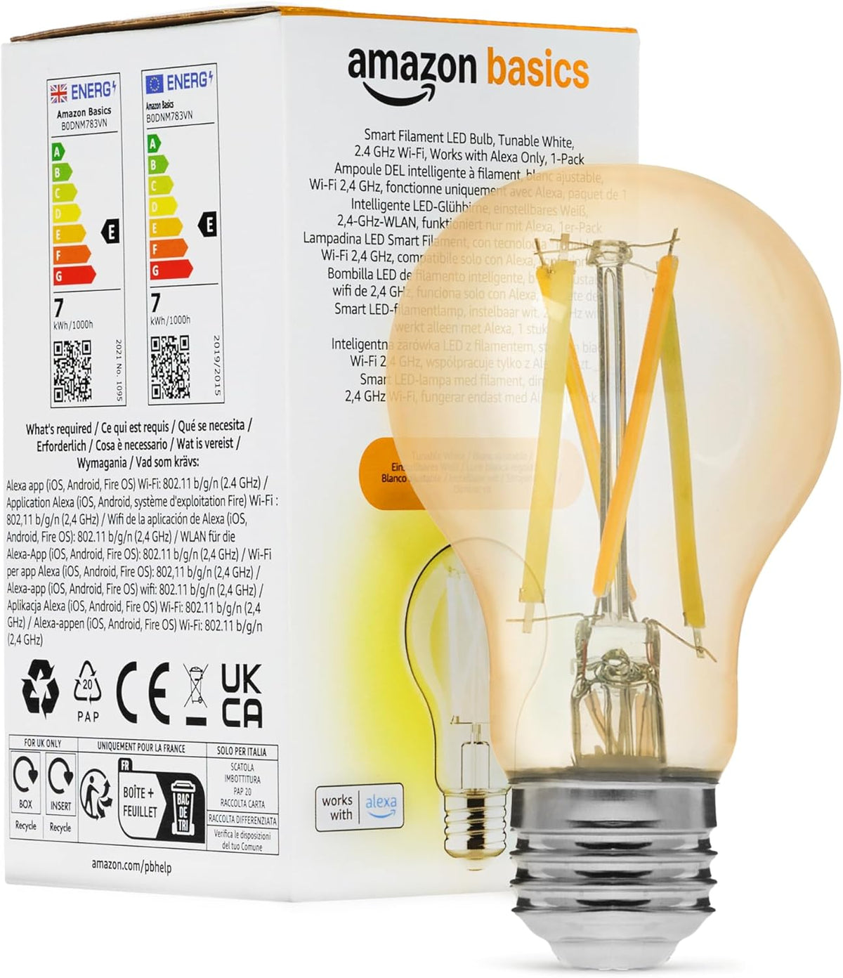 Amazon Basics A60 Smart Filament LED Bulb, Tunable White, 2.4 GHz Wi-Fi, Works with Alexa Only, 1-Pack [Energy Class E]