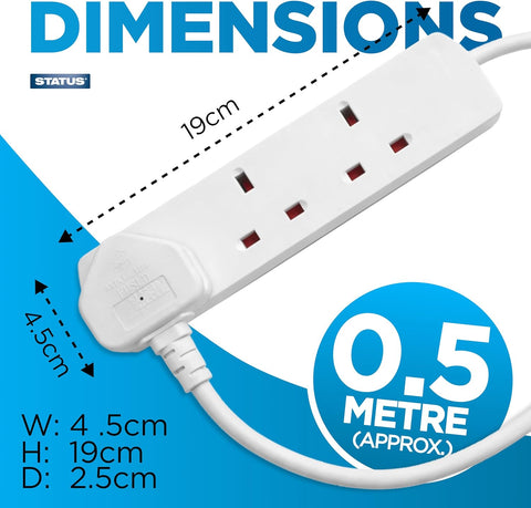 STATUS 3 Socket Extension Lead 0.5m White – Compact 13A Power Strip for Desks, TVs & Home Offices – Keep Your Everyday Essentials Powered Without the Cable Clutter