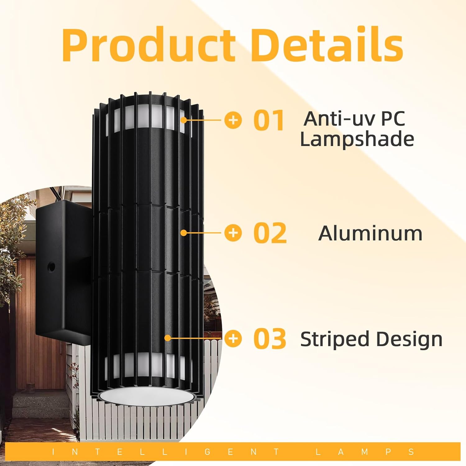 Outdoor wall light fixture with features highlighted on a yellow background