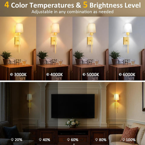 Rechargeable Wireless Wall Sconces Set of 2 Gold