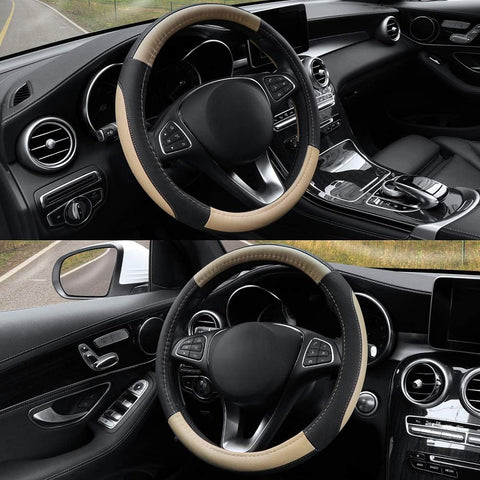 COFIT Microfiber Leather Steering Wheel Cover Beige and Black
