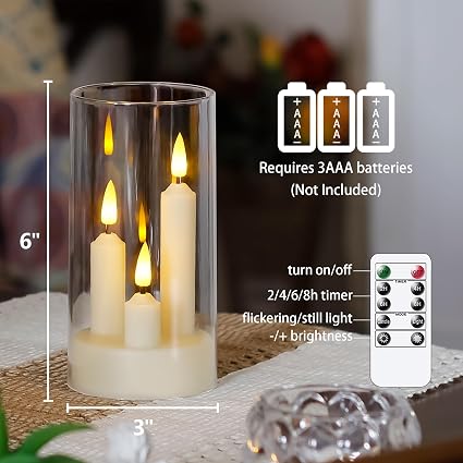 3 in 1 Flameless Taper Short Candles with 10 Key Remote Control and Timer, Battery Operated Pack of 2 LED Acrylic 7.5cm x15cm Ivory Pillar Flickering Warm Light