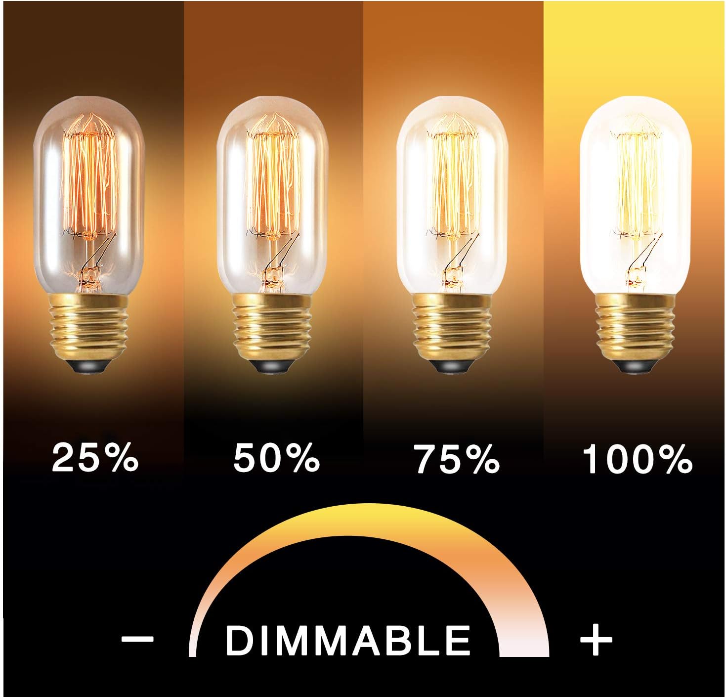 Four light bulbs with varying degrees of illumination and a dimmable control indicator.