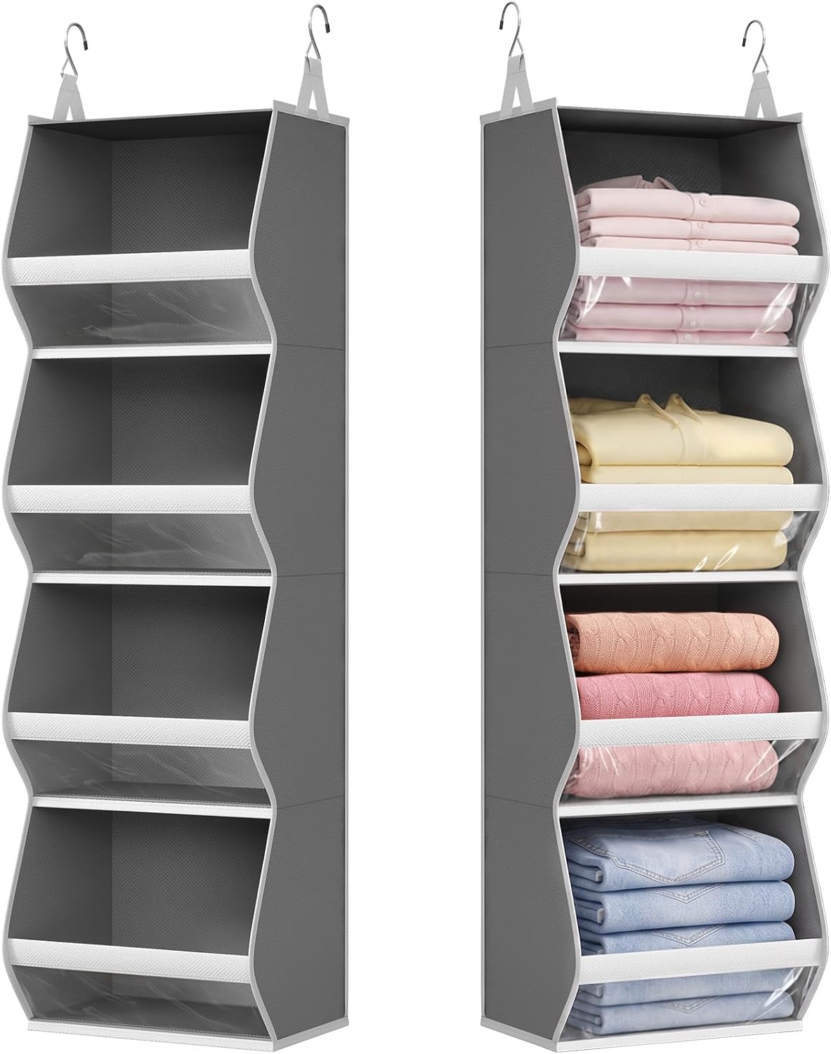 Lifewit 4-Tier Hanging Wardrobe Storage Organiser – Grey Foldable Closet Shelves with Clear PVC Window