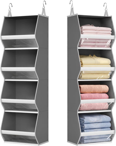 Lifewit 4-Tier Hanging Wardrobe Storage Organiser – Grey Foldable Closet Shelves with Clear PVC Window