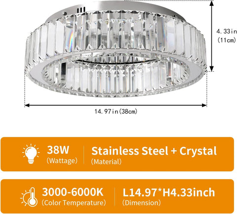 Modern Crystal Ceiling Light LED Chandelier Flush Mount with Remote