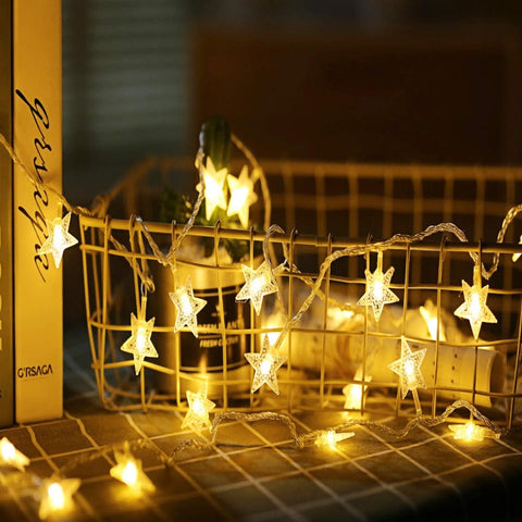 Star Fairy String Lights – 6m 40 Warm White LED Stars, Battery Operated with Steady & Flashing Modes – Indoor & Outdoor Decorative Lighting